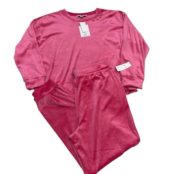 Magaschoni Y2K Velour Jogger Set Tracksuit L Pink Rhinestone Heart Loungewear - Picture 1 of 15